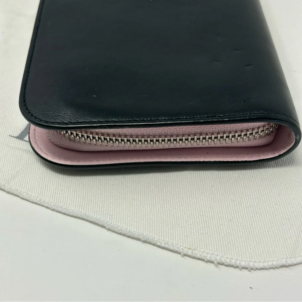 Dior Chevron Sequin Zip Around Long Wallet Black Leather Pink Interior Authentic